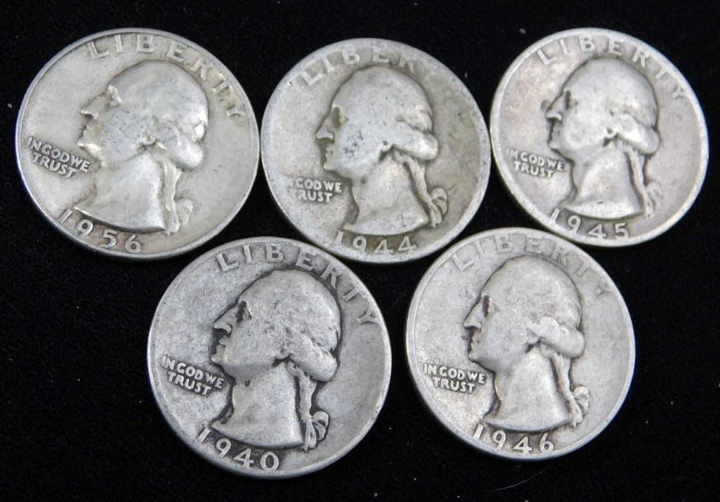 5 Washington Quarters w Older Dates , 90% Silver (1 of 2)