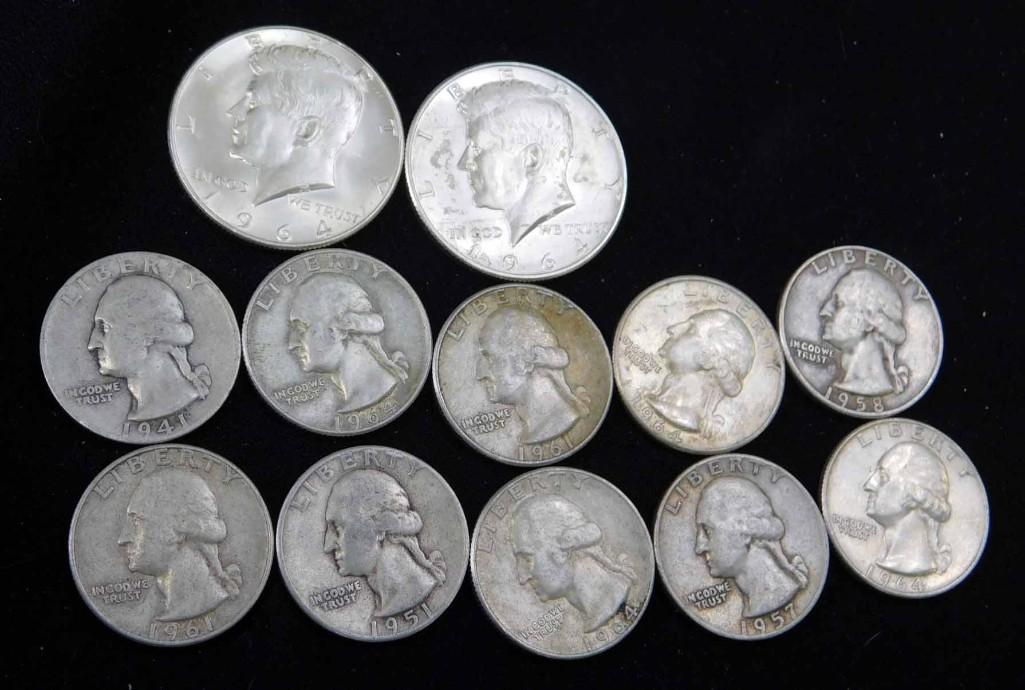 Coin Lot incl 2 Nice 1964 Kennedy Half Dollars and 10 (1 of 2)