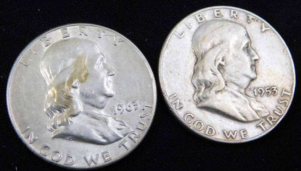 2 Franklin Half Dollars 90% Silver 1953-D and 1963-D (1 of 2)