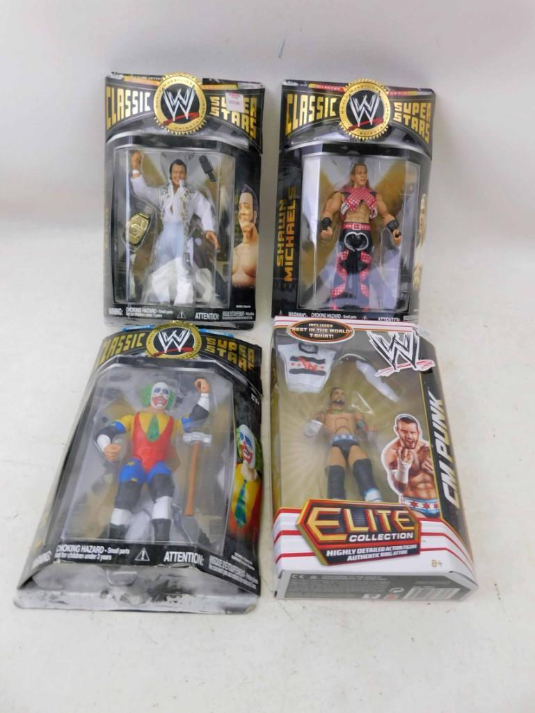 4 WWE or WWF Wrestling Action Figures incl 3 Classic: 4 WWE or WWF Wrestling Action Figures incl 3 Classic Superstars Honky Tonk Man , Shaun Michaels , Doink the Clown , CM Punk