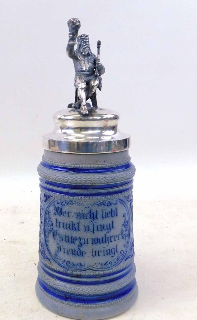Antique Blue Salt Glaze Beer Stein w Silver Plate Lid (1 of 5)