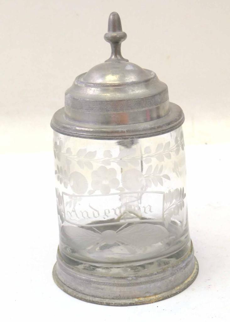 Antique Beer Stein CA 1820 Wheel Engraved Pewter Foot (1 of 5)