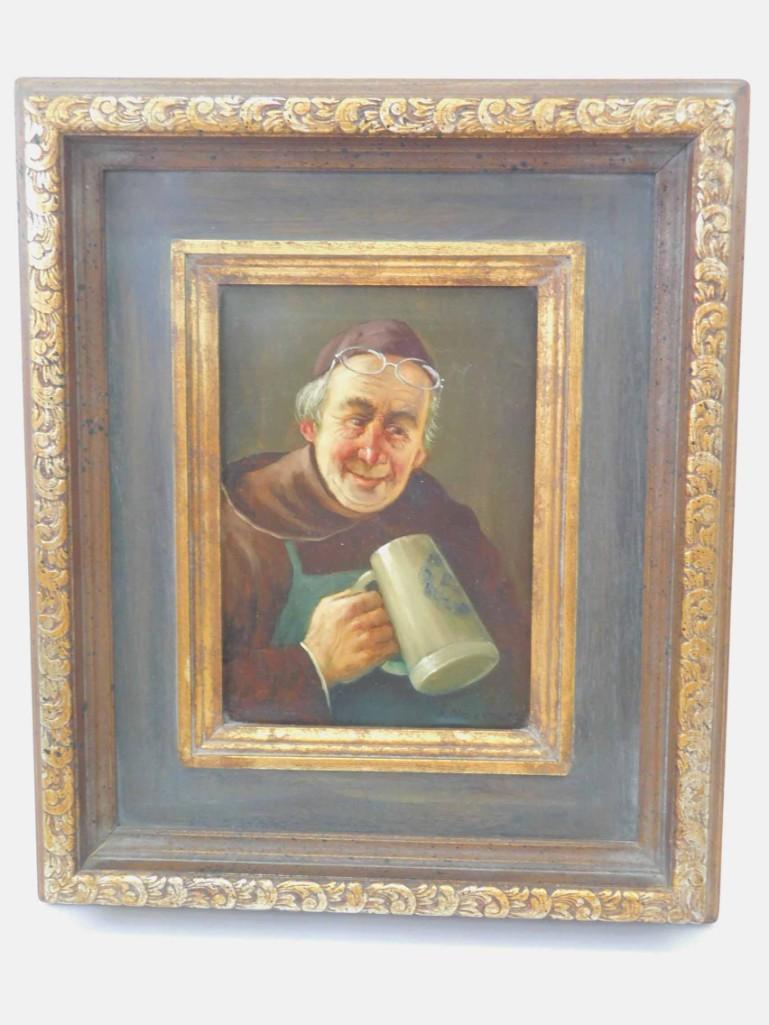 Attributed to H. Olosvary "Listed Hungarian Artist" (b.: Vintage German Monk w Beer Stein Oil Painting Attributed to H. Olosvary "Listed Hungarian Artist" (b. 1928) Measures about 10"x6" or 16"x14 in Frame NO COA