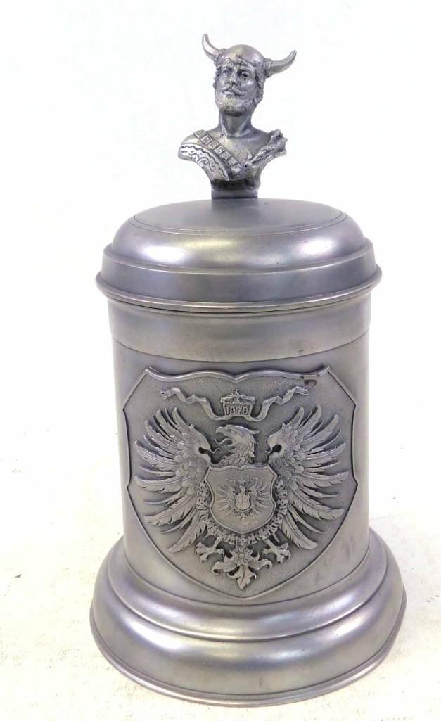 German Beer Stein Convention Memorial Pewter Stein in: German Beer Stein Convention Memorial Pewter Stein in Remembrance of the 1979 SCI Convention in Minneapolis St Paul 1L Stein w Viking Thumblift and Embossed German Eagle on the Front