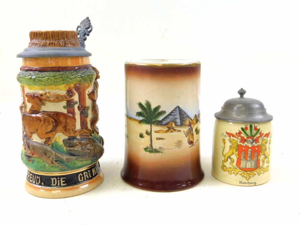 3 Antique Beer Steins incl Hunting Jager , Egypt , and (1 of 6)
