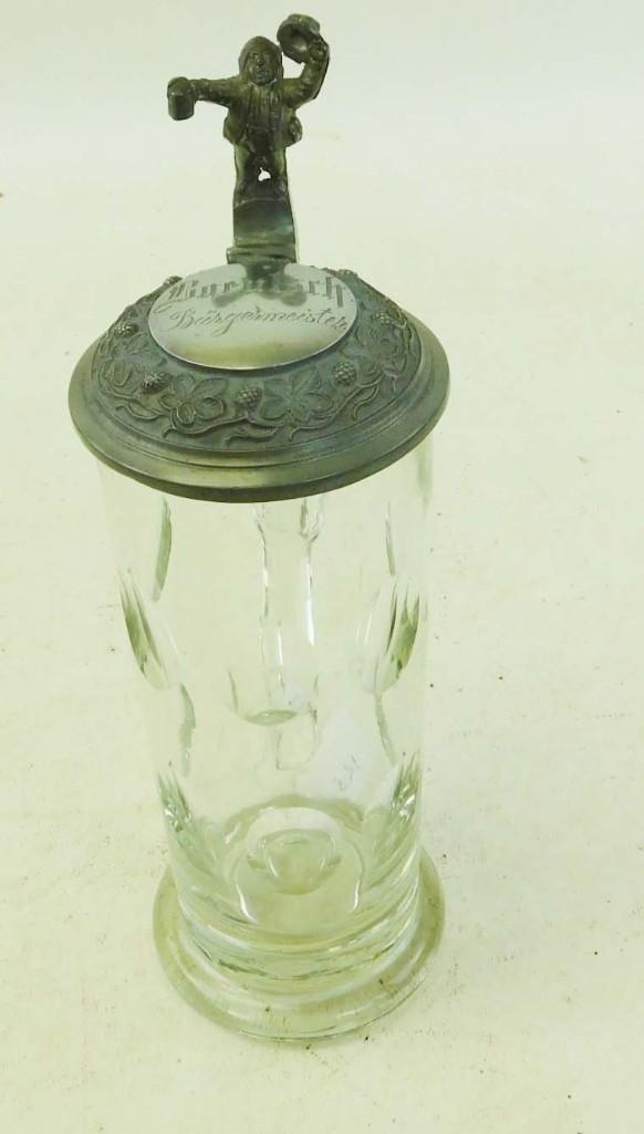 Antique 1 Liter Glass Stein , Pewter Lid is Engraved (1 of 5)