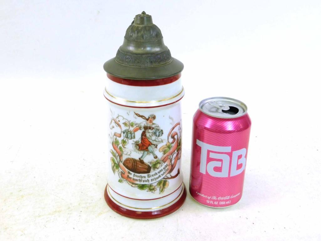 Antique 1/2 L Tyrolean Barmaid Dancing on Beer Barrel .: Antique 1/2 L Tyrolean Barmaid Dancing on Beer Barrel . Porcelain with Lithophane of a Boy and a Goat