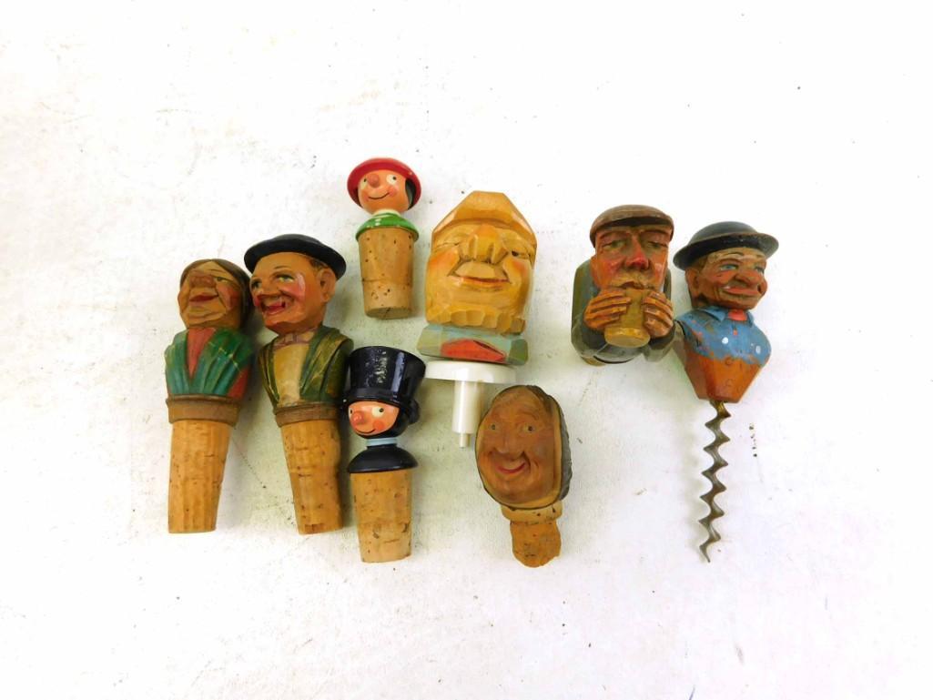 8 Vintage Hand Carved Figural Bottle Stoppers or Corks (1 of 3)