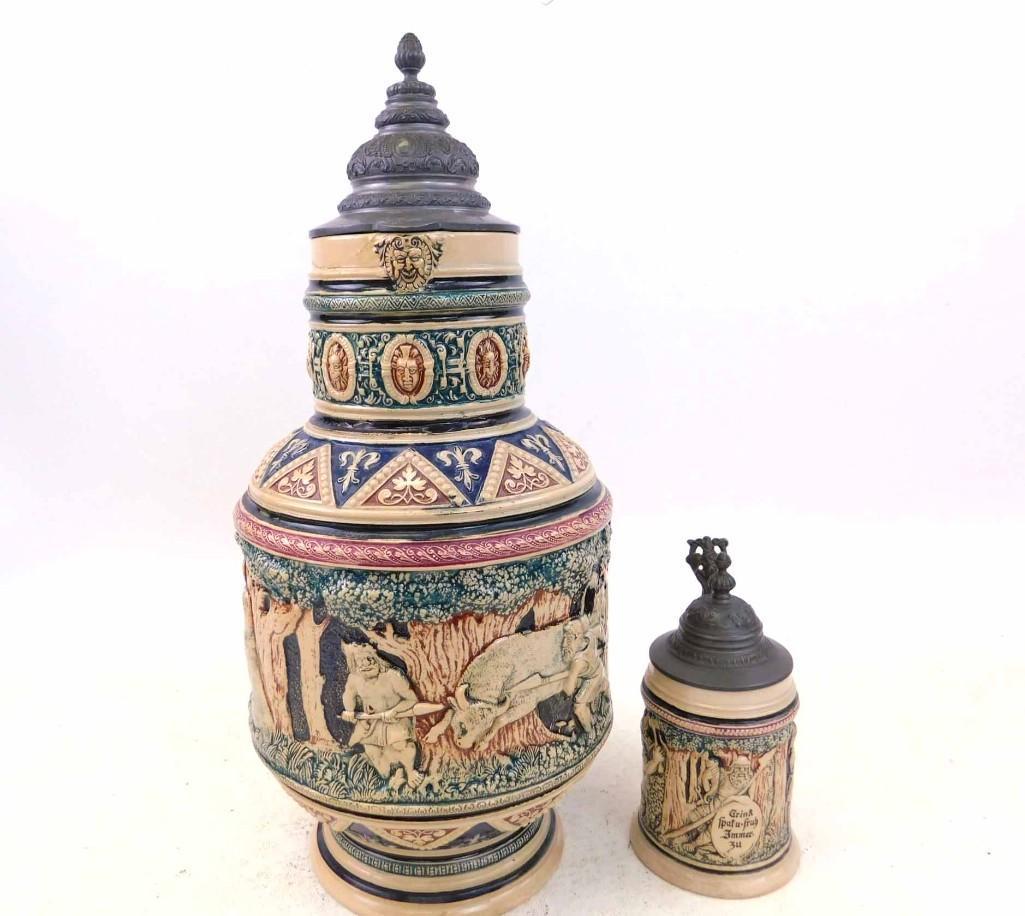 Antique 2.5L Beer Stein and Matching 1/4L Beer Stein (1 of 12)