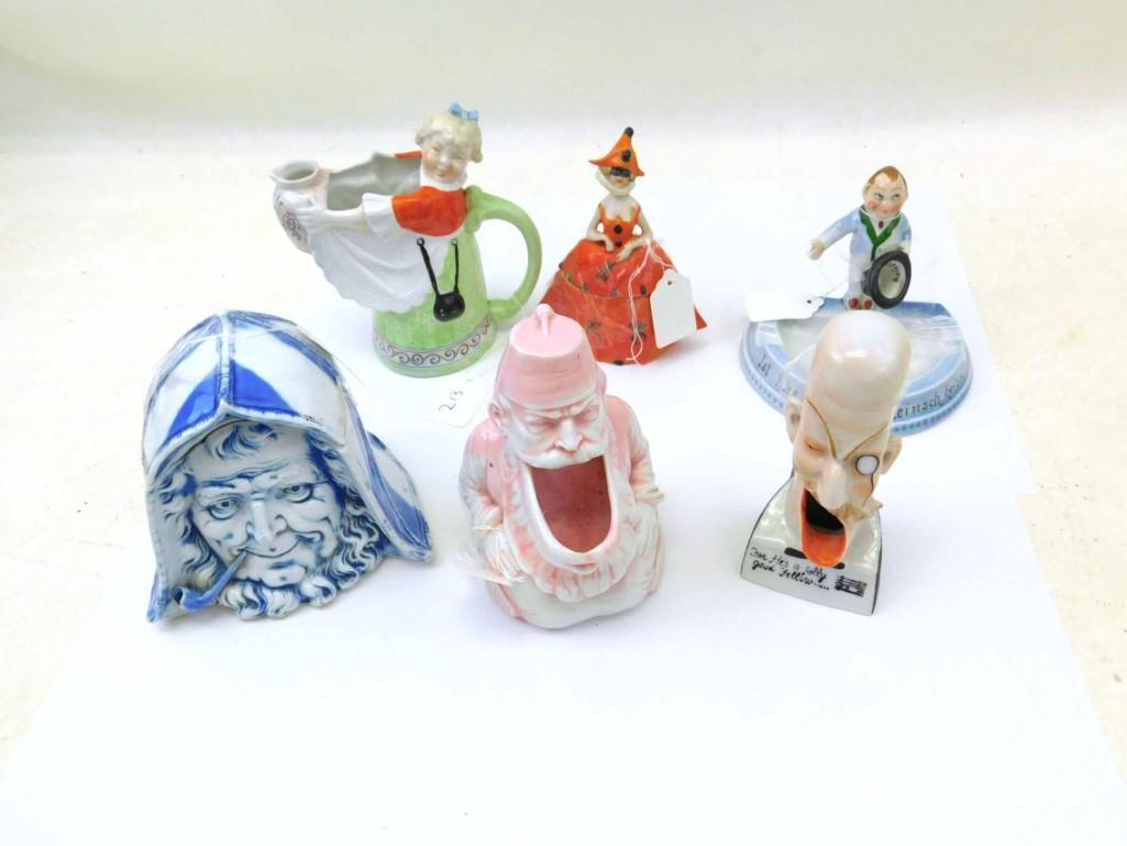 German Schafer Vater Porcelain Antique Items incl: German Schafer Vater Porcelain Antique Items incl Tobacco Jar, Pitcher, Ashtrays , Masquerade Woman Pin Holder NOTE: Lids are taped on because they are fragile. We are not removing the tape for the ph
