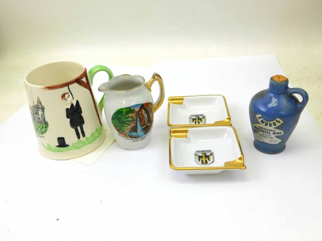 Bar Collectibles Lot incl Antique Hangman Carltonware: Bar Collectibles Lot incl Antique Hangman Carltonware Made in England , Yosemite Fall National Park Mini Pouring Pitcher , Set of 2 Rosenthal Germany Munchen Child Ashtrays Embros California Muscatel 