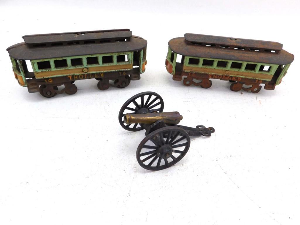 3 Cast Iron Toys incl 2 Trolley Cars and a Cannon (1 of 6)