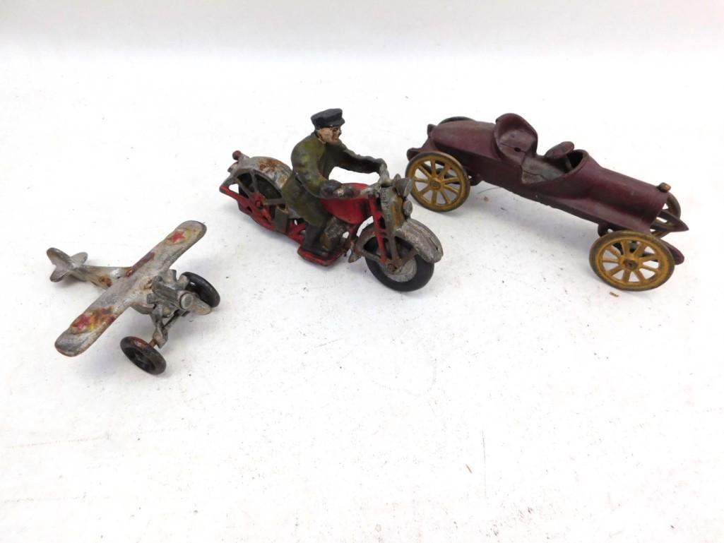 3 Cast Iron Vehicles incl Airplane , Motorcycle , Car , (1 of 6)