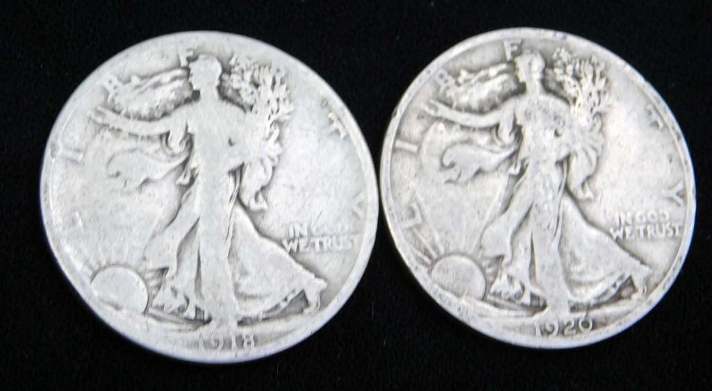 2 Walking Liberty Half Dollars incl 1918-S and 1920-D: 2 Walking Liberty Half Dollars incl 1918-S and 1920-D Semi Key Dates