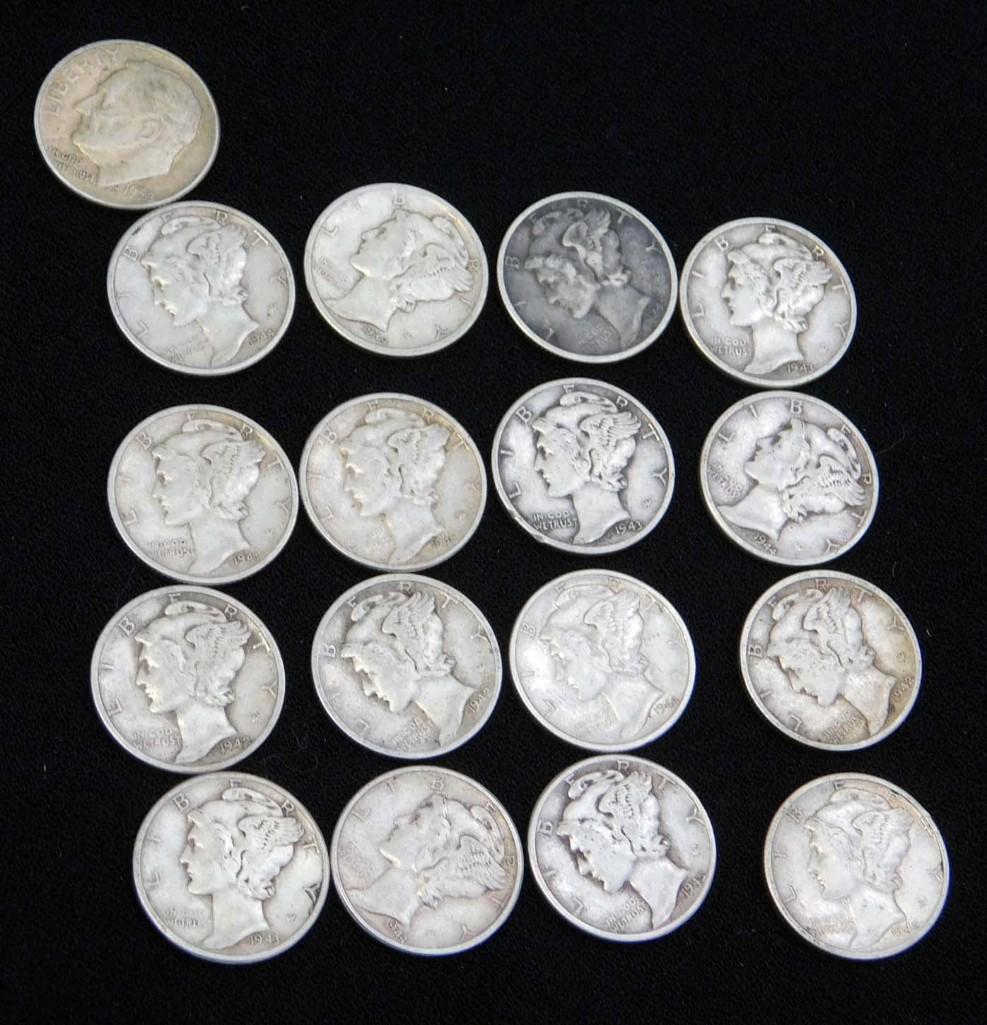 16 Mercury Dimes and 1 Roosevelt Dime 90% Silver (1 of 2)