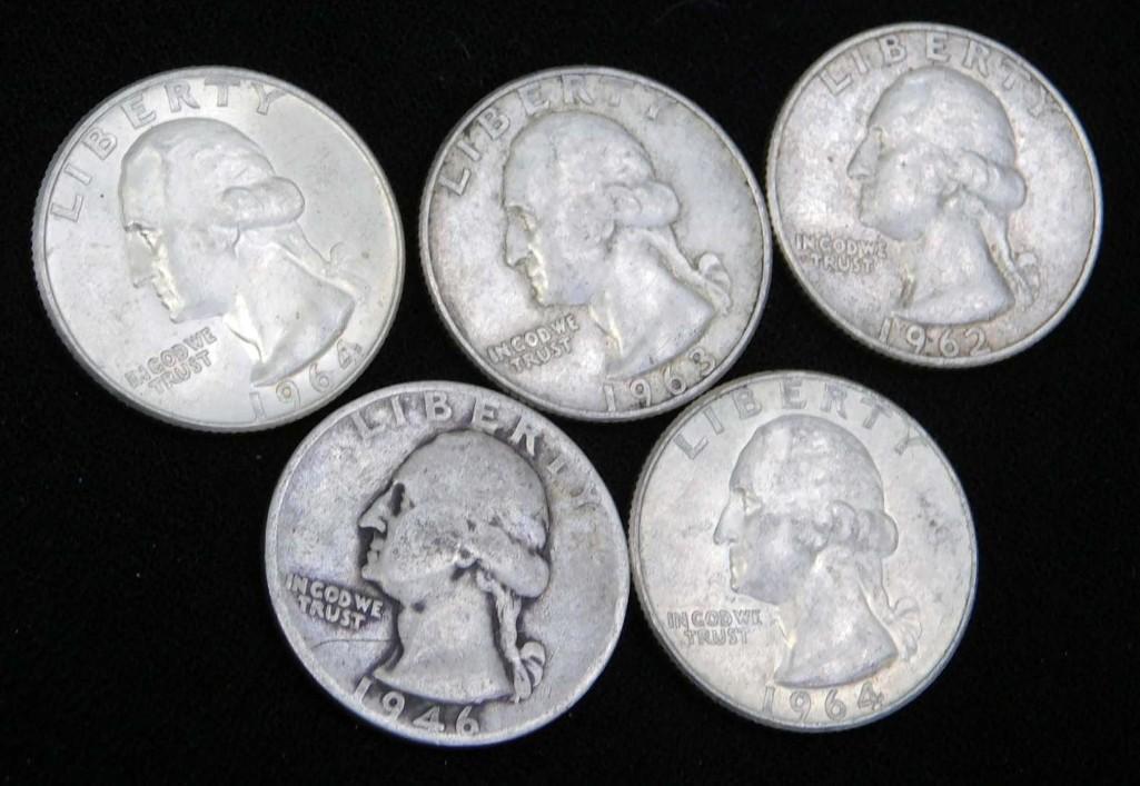 5 Washington Quarters 90% Silver (1 of 2)