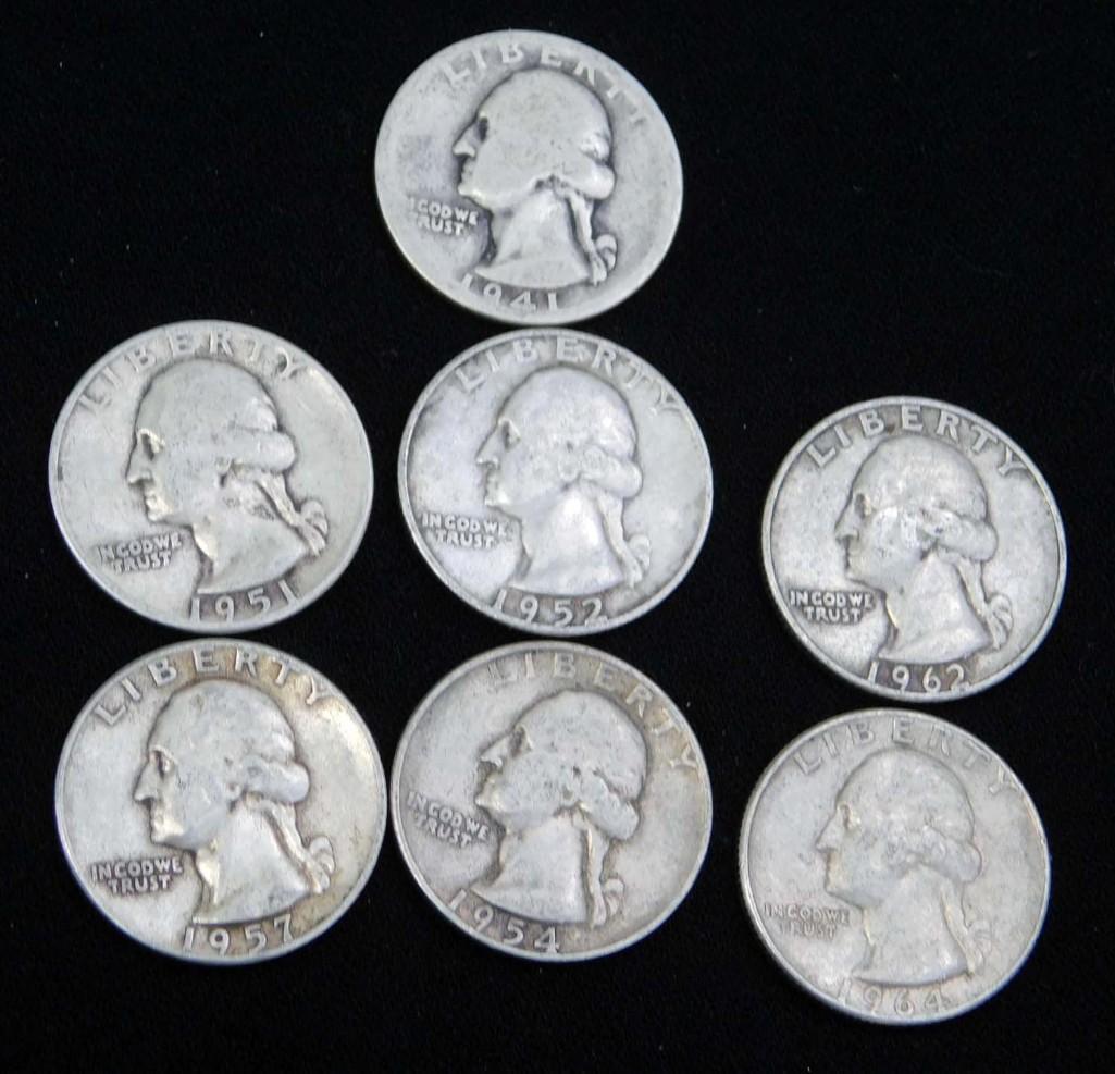 7 Washington Quarters 90% Silver (1 of 2)