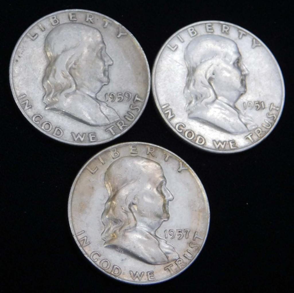 3 Franklin Half Dollars incl 1951-S , 1957-D , 1959-D (1 of 2)