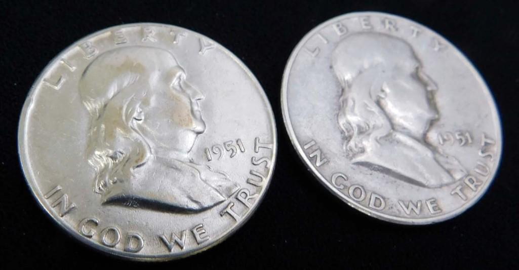 2 Franklin Half Dollars 90% Silver 1951-S and 1951-P (1 of 2)