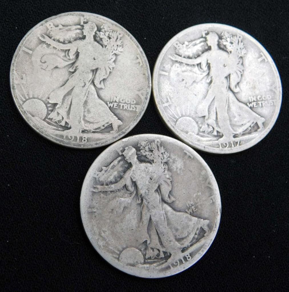 3 Walking Liberty Half Dollars incl 1- 1917 and 2- 1918 (1 of 2)