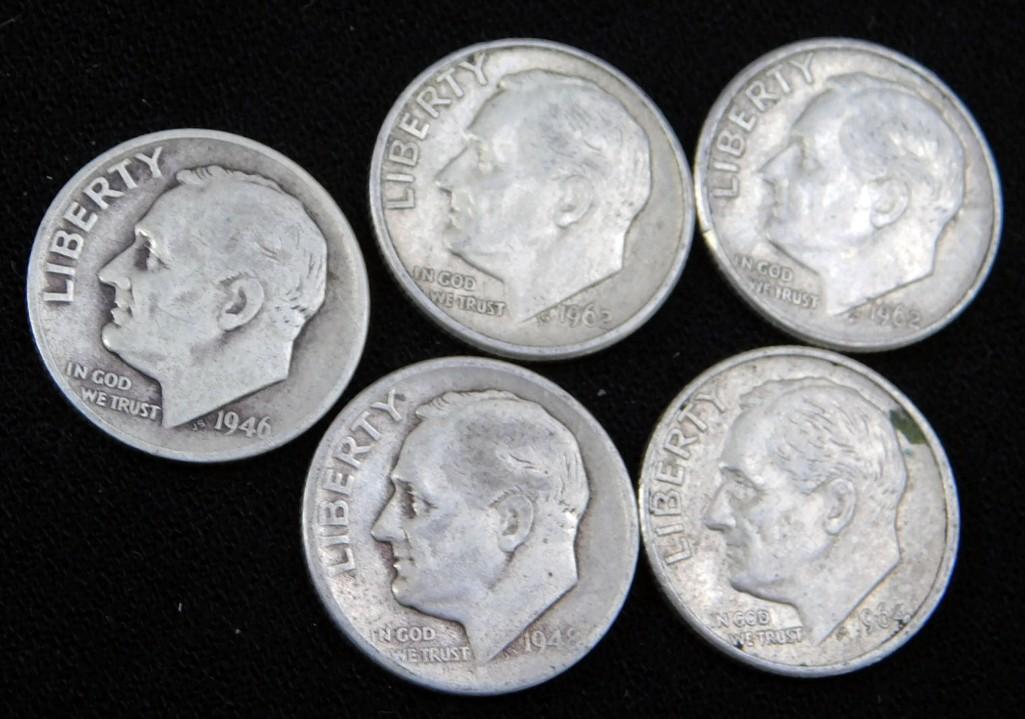 5 Older Roosevelt Dimes 90% Silver (1 of 2)
