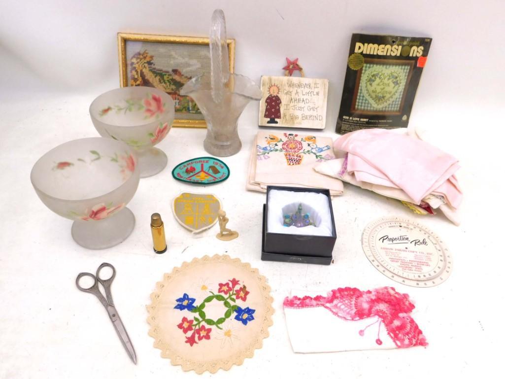 Lot of Collectibles incl Glassware , Jeweled Peacock ,: Lot of Collectibles incl Glassware , Jeweled Peacock , Linens , etc