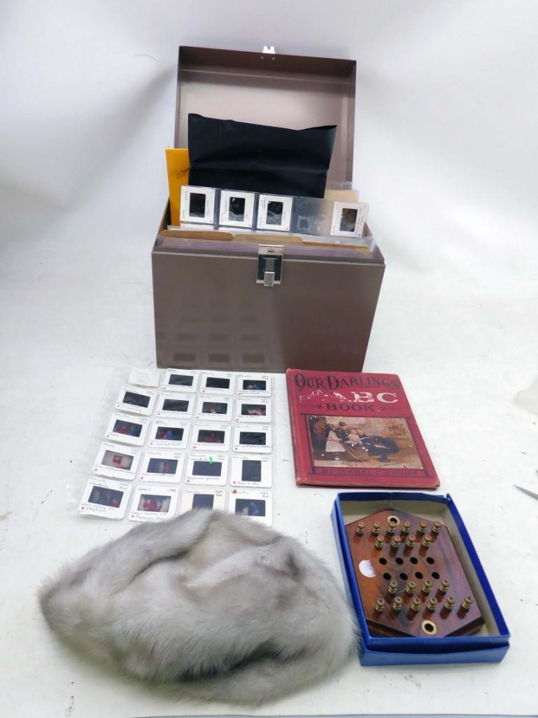 Metal Box of Slides , Highway Man Game , Darlings Bible: Metal Box of Slides , Highway Man Game , Darlings Bible ABC Book , Vintage Sears Fur Hat