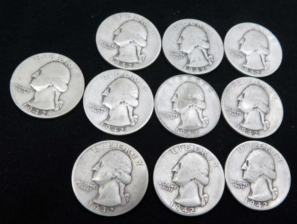 10 Nice 1942 Washington Quarters 90% Silver (1 of 2)