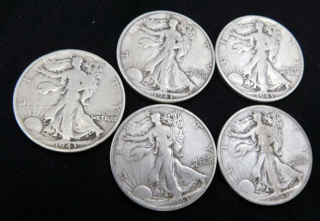 5 Nice 1943 Walking Liberty Half Dollars 90% Silver (1 of 2)