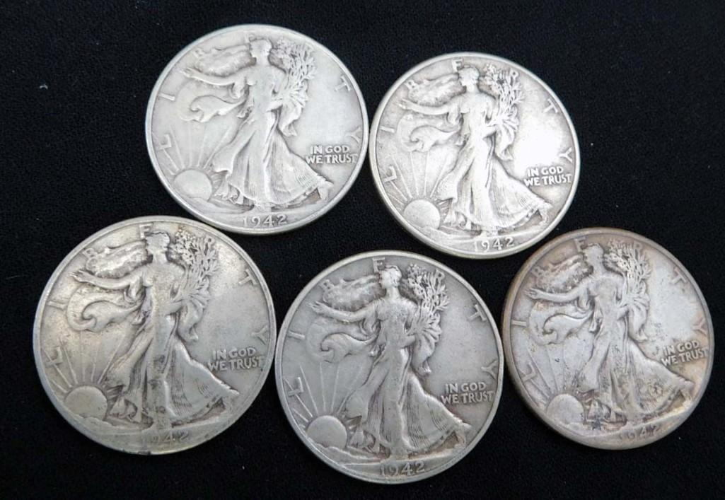 5 Nice 1942 Walking Liberty Half Dollars 90% Silver (1 of 2)