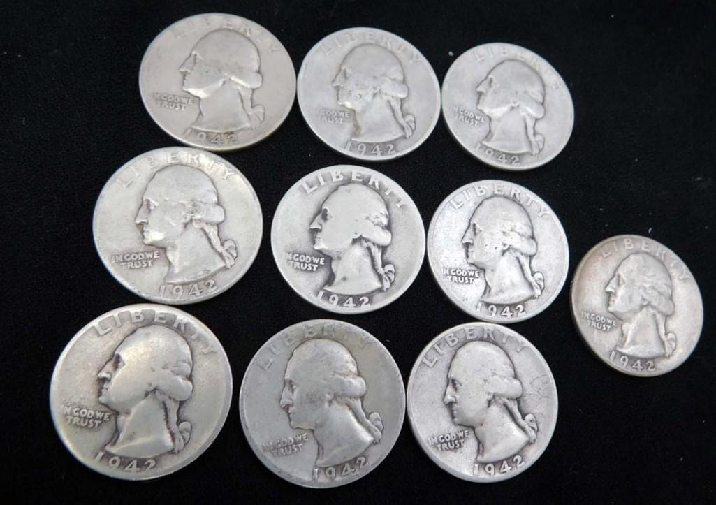 10 Nice 1942 Washington Quarters 90% Silver (1 of 2)