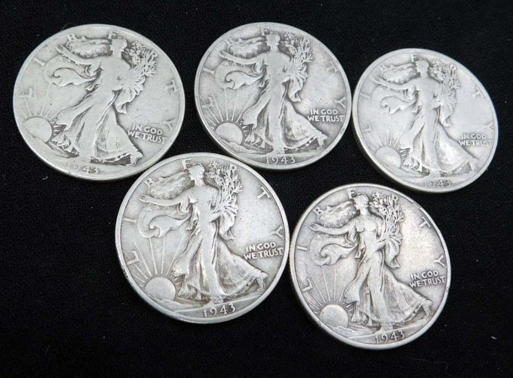 5 Nice 1943 Walking Liberty Half Dollars 90% Silver (1 of 2)