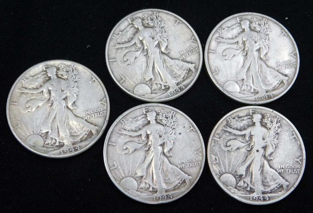 5 Nice 1944 Walking Liberty Half Dollars 90% Silver (1 of 2)