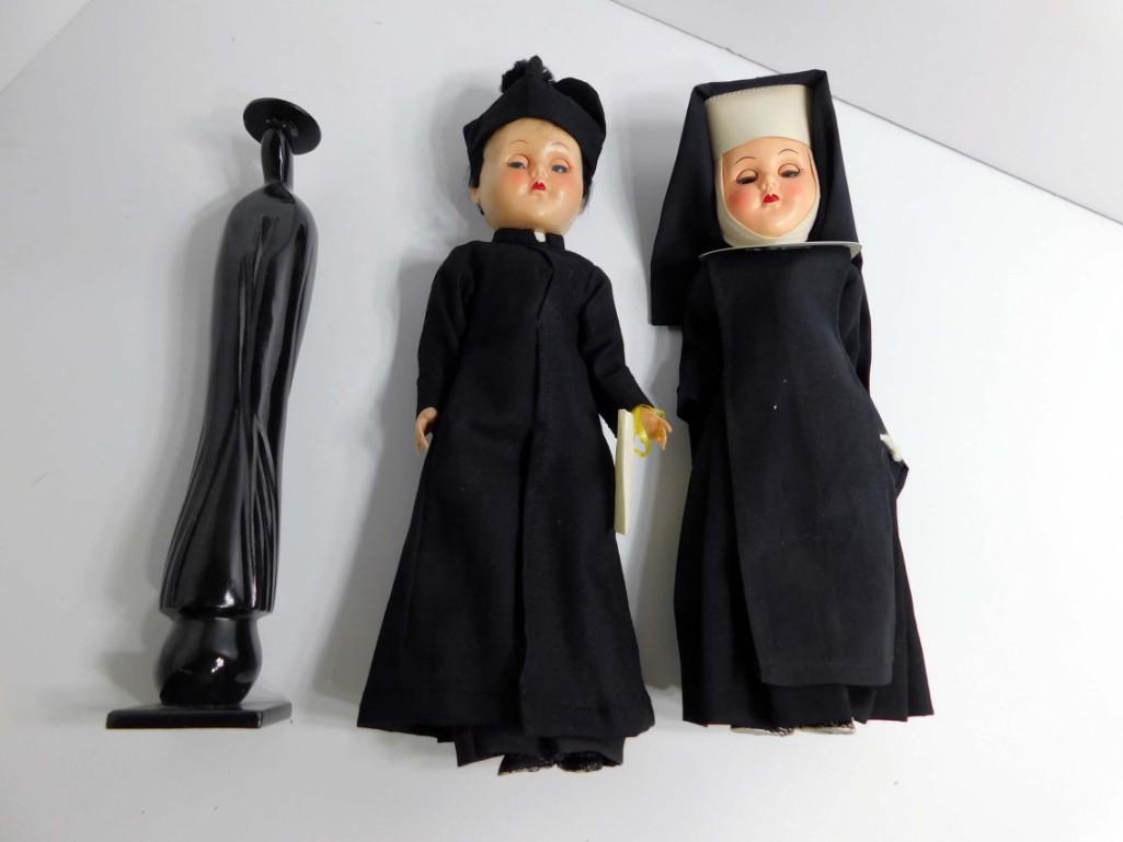 Lot of Priest and Nun Dolls and a Carved Stone Mary: Lot of Priest and Nun Dolls and a Carved Stone Mary Statue