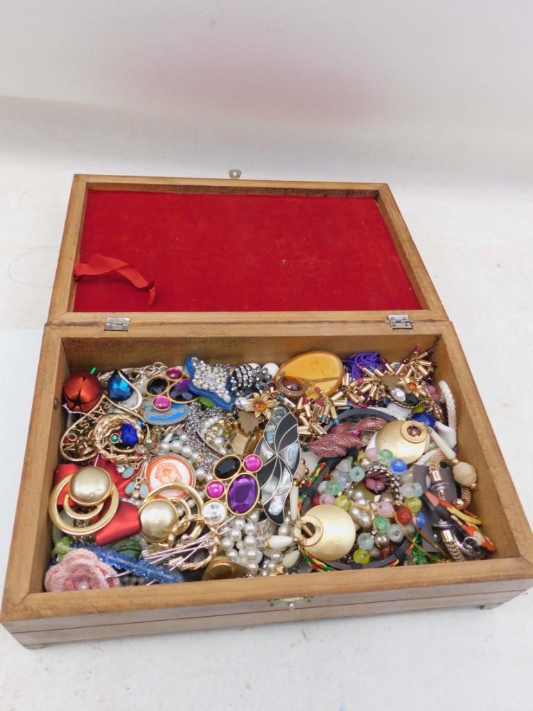 Jewelry Box Filled with Costume Jewelry: Wood Jewelry Box with Ceramic Tile Inlay Filled with Costume Jewelry