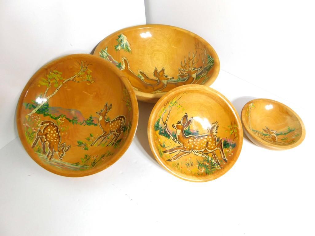 4 Vintage Hand Painted Bowls with Woodland Scenes: Set of 4 Vintage Hand Painted Bowls with Woodland Scenes Granville Picture Bowls Wildlife of Birchland Manuel and Lucille Miller Bethel VT