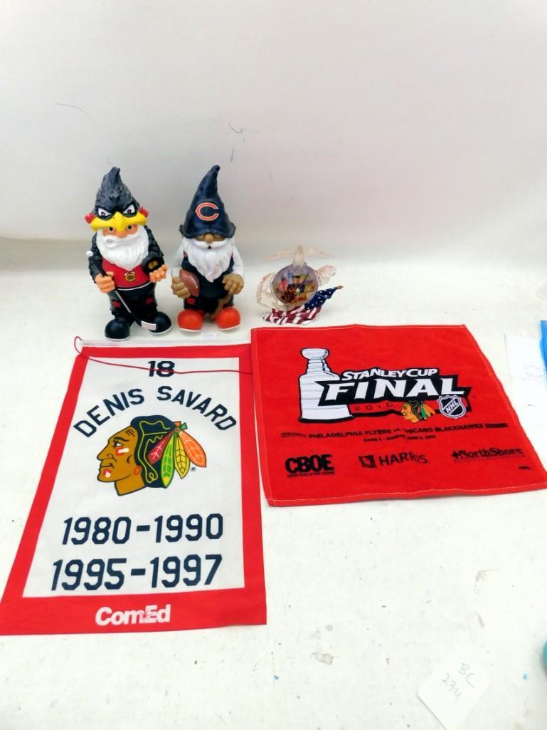 Chicago Bears and Blackhawks Gnomes, Denis Savard: Chicago Bears and Blackhawks Gnomes, Denis Savard Hanging, Stanley Cup Finals Towel, and a Patriotic Paperweight / Display