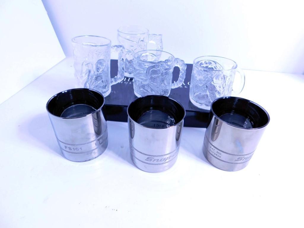 4 McDonalds Batman Glass Mugs and 3 Snap On Tools Rocks: 4 McDonalds Batman Glass Mugs and 3 Snap On Tools Rocks Glasses
