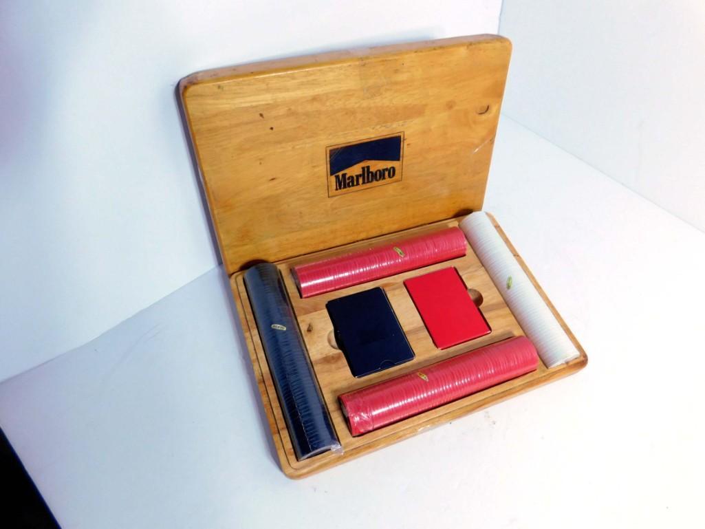 Marlboro Poker Set in a Wooden Box , Chips are Sealed (1 of 5)