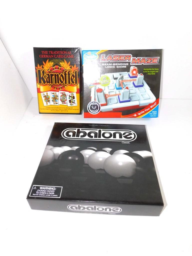 3 Games incl Abalone Classic , Laser Maze , Karnoffel: 3 Games incl Abalone Classic , Laser Maze , Karnoffel Condition: unchecked for completeness