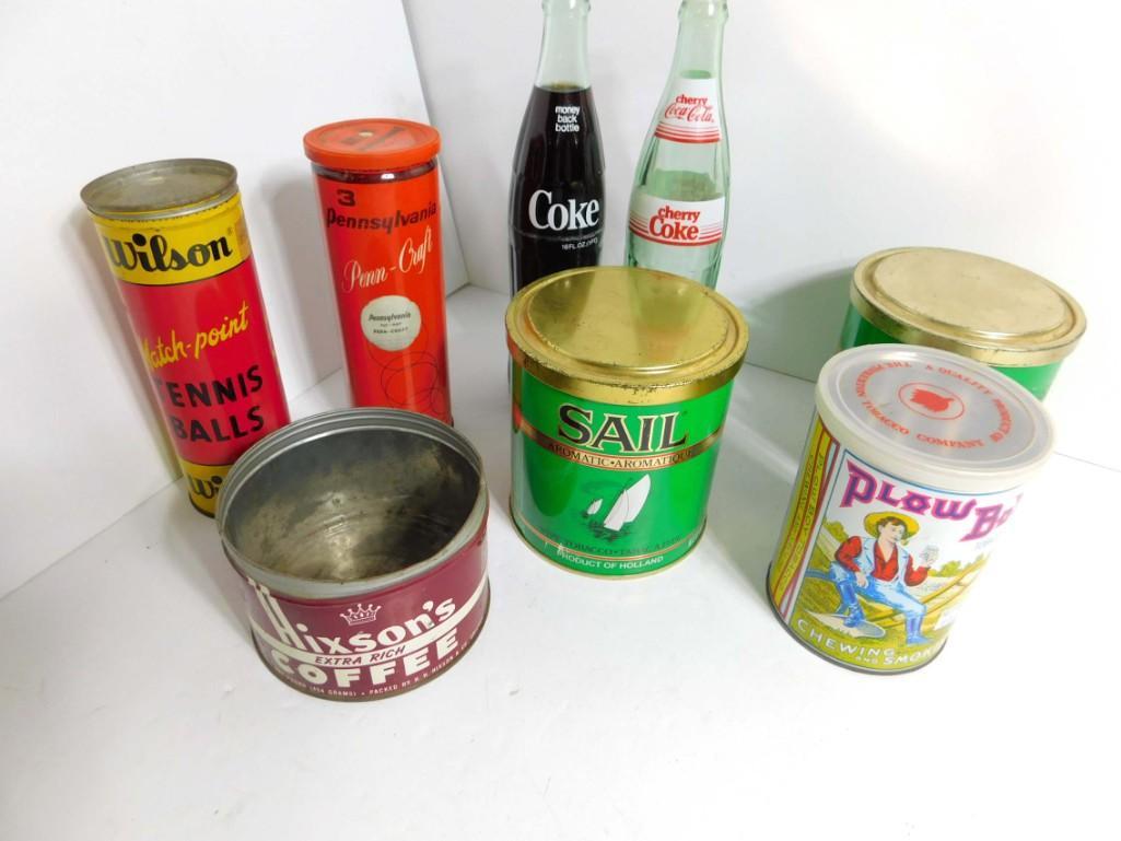 Lot of Vintage Tins and Bottles incl Coffee , Tobacco ,: Lot of Vintage Tins and Bottles incl Coffee , Tobacco , etc Plus 2 Coca Cola Bottles