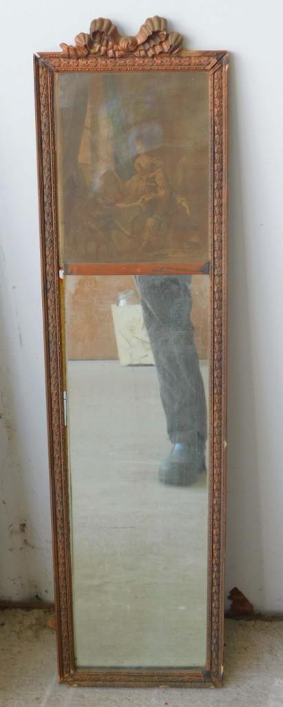 Antique Mirror with a Picture: Antique Mirror with a Picture measures about 35" tall x 10" long ALL ITEMS MUST BE PICKED UP EITHER ON SATURDAY, JULY 17TH DURING OR WITHIN 1 HOUR OF THE AUCTION ENDING OR ON SUNDAY, JULY 18TH