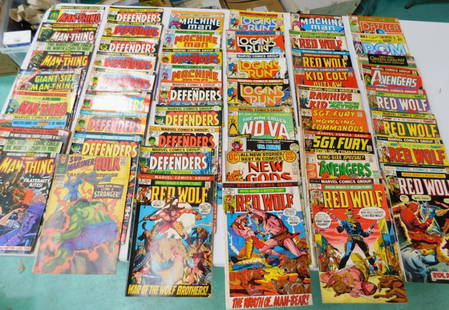 48 Vintage Comic Books incl Marvel The Defenders , Man: 48 Vintage Comic Books incl Marvel The Defenders , Man Thing , Machine Man , Red Wolf , Logan&#39;s Run , The Man Called Nova , Rawhide Kid , Kid Colt ,