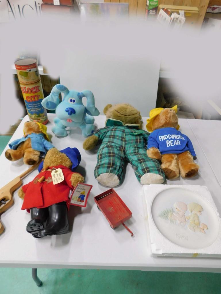 Toy Lot incl 3 Paddington Bears , Blues Clues , Rubber: Toy Lot incl 3 Paddington Bears , Blues Clues , Rubber Band Toy Gun , 1984 Precious Moments Christmas Plate, Pressed Steel Toy Farm Wagon , Block City Plastic Building Blocks
