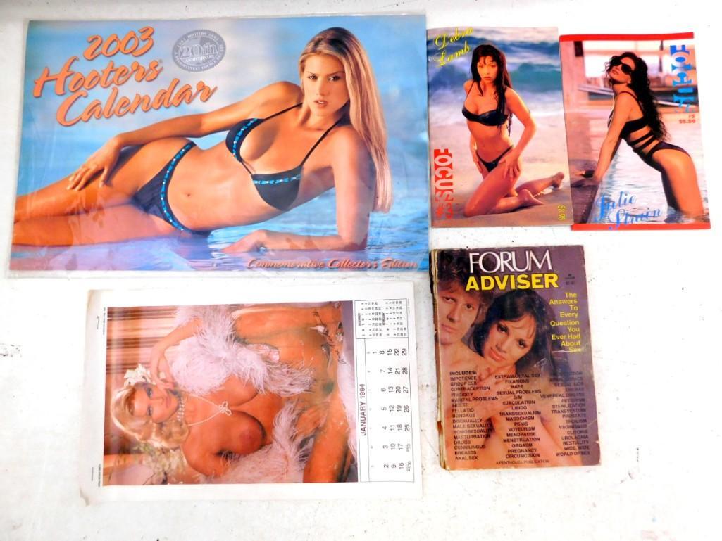 Adult Lot including 2003 Hooter's Calendar, 1994: Adult Lot including 2003 Hooter's Calendar, 1994 Playboy Calendar, Focus Magazine #3 and #5 and Forum Adviser