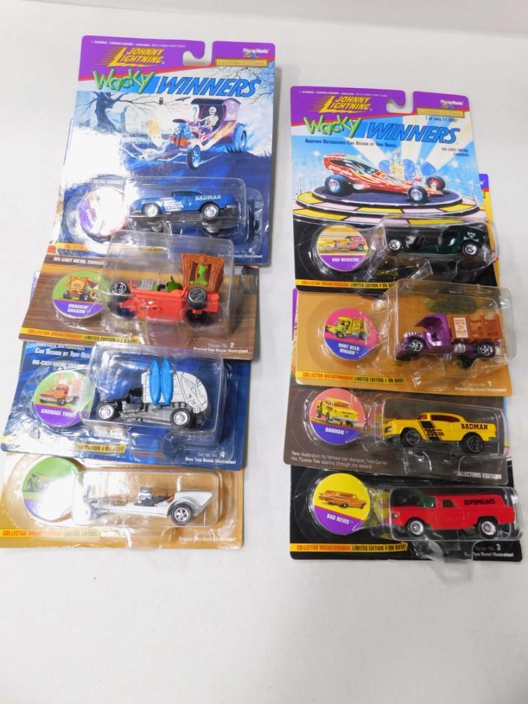 8 Johnny Lightning Wacky Winners incl Bad News , Bad: 8 Johnny Lightning Wacky Winners incl Bad News , Bad Man , Root Beer Wagon , Bad Medicine , T'Rantula , Dragin Dragon , Garbage Truck , Bad Man . All are new in package