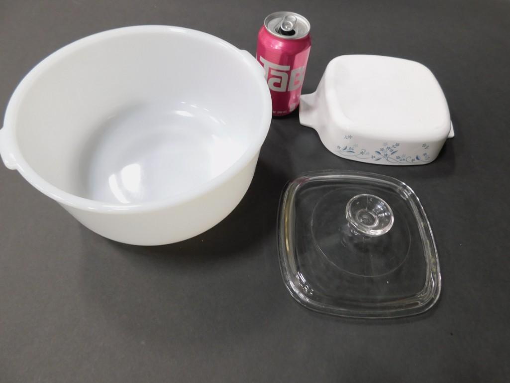 Large Glasbake Mixing Bowl and a Corningware Casserole: Large Glasbake Mixing Bowl and a Corningware Casserole with Lid
