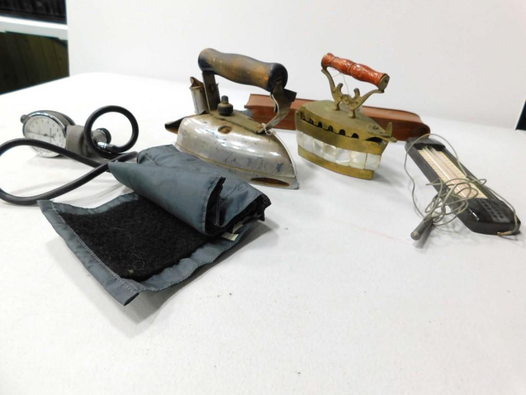 Misc Lot incl 2 Vintage Irons , Thermometer , Blood: Misc Lot incl 2 Vintage Irons , Thermometer , Blood Pressure Cuff