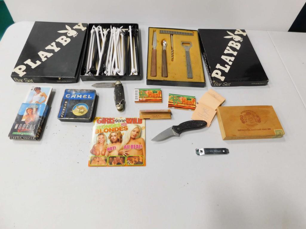 Playboy Bar Set in Original Box and a Playboy Box with: Playboy Bar Set in Original Box and a Playboy Box with Stirrers, Camel Cigarette Tin , Girls Gone Wild DVD , Pocket Knives , Playing Cards with Nude Models , Vintage Rolling Papers , etc