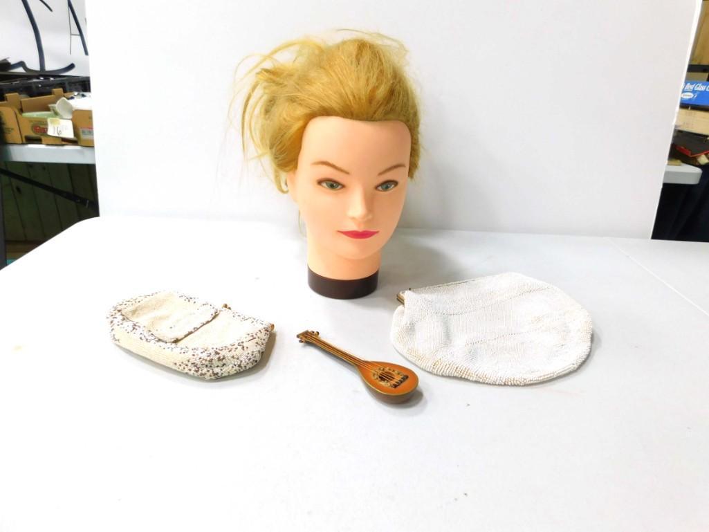 Female Head Form and 2 Beaded Purses and a Small (1 of 6)